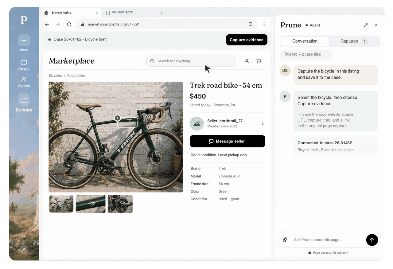 Prune Browser capturing a bicycle listing as evidence and saving it to the investigation, with its source and capture details