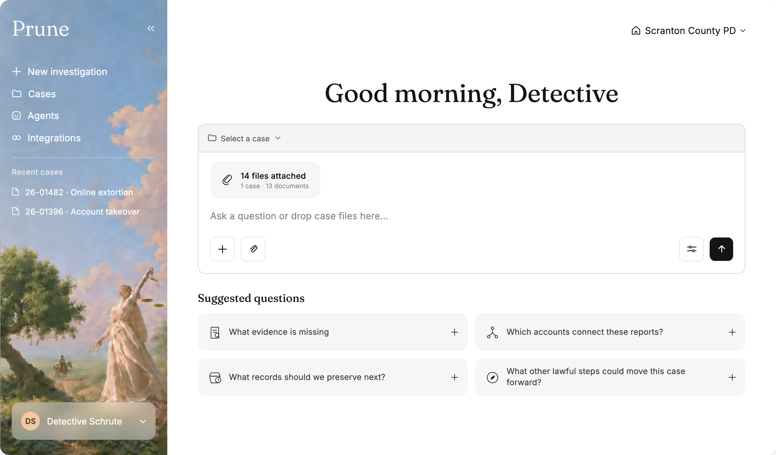 Prune investigative workspace with a pastoral sidebar, case files, and suggested questions to help detectives move their investigations forward